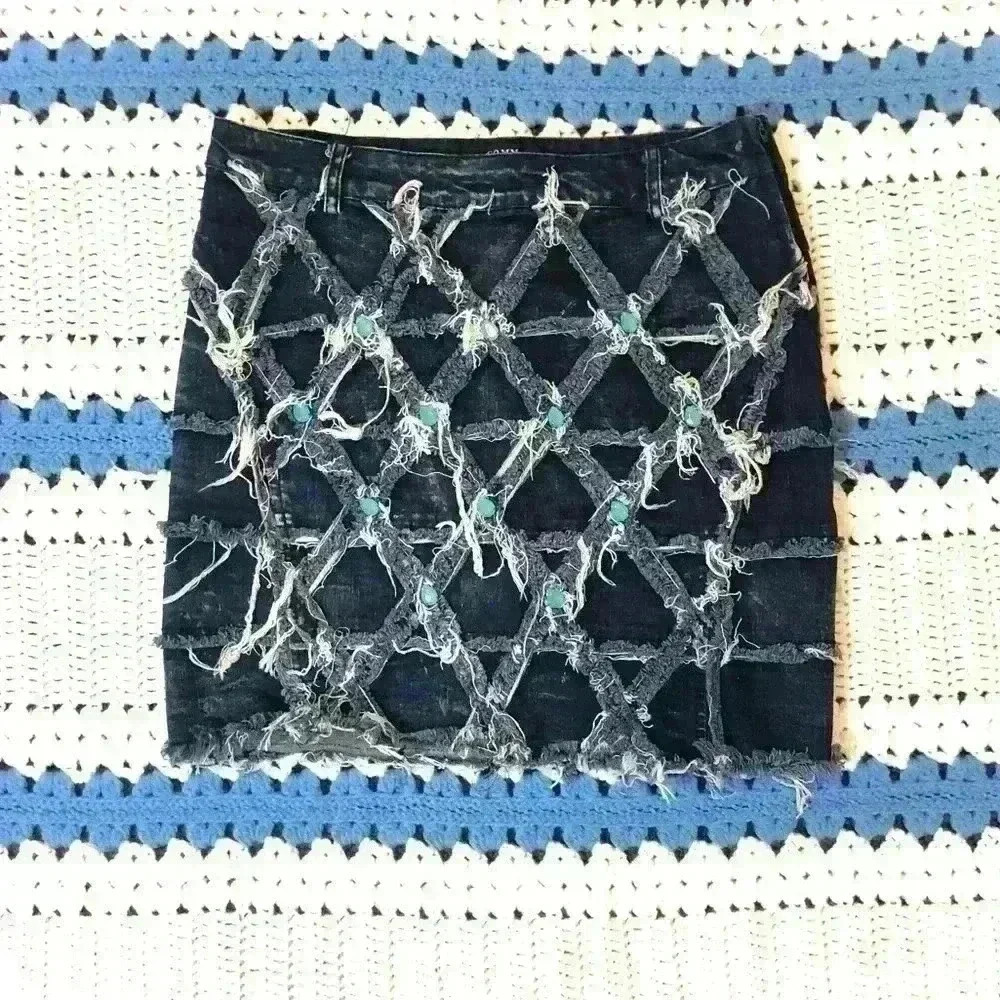 NWT Comme USA Denim Rhinestone Destroyed Skirt